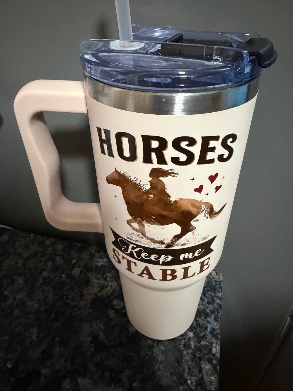 Horses Keep Me Stable Horses Beige Travel Tumbler with Handle